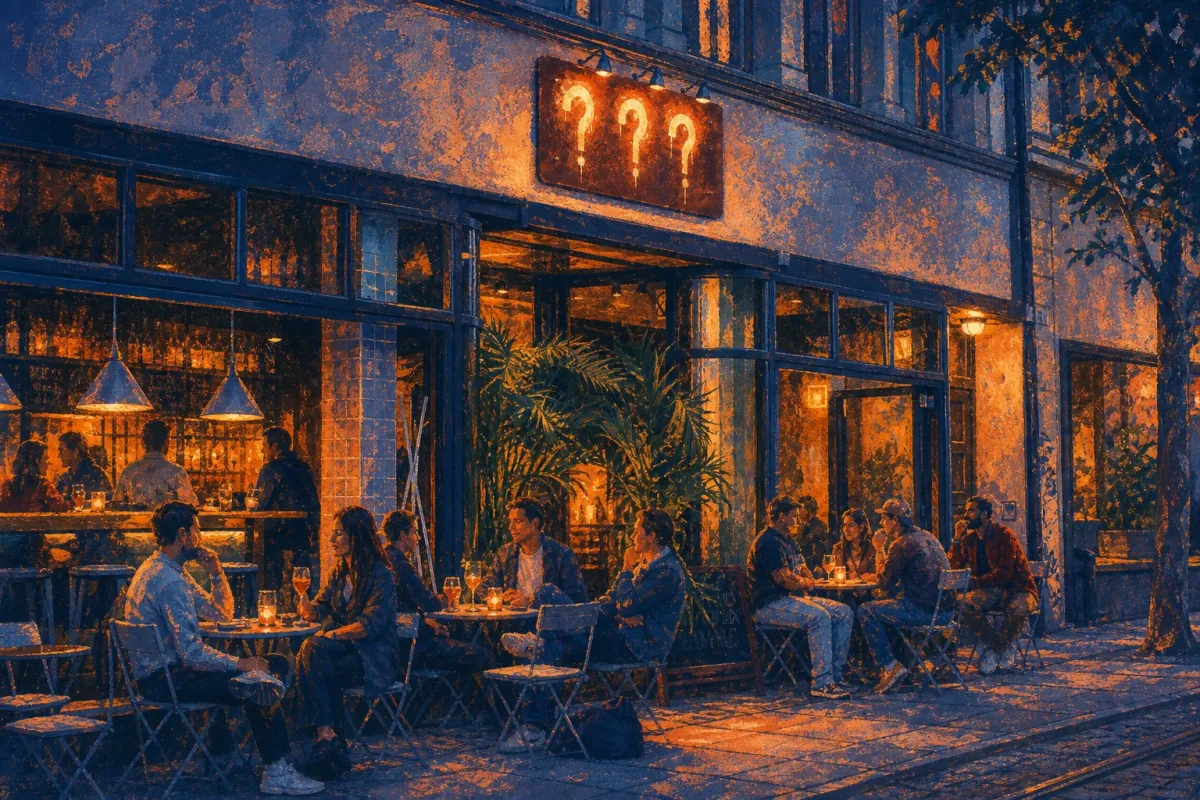 Hand-painted dusk illustration of A Bar With No Name's glass frontage and question-mark sign